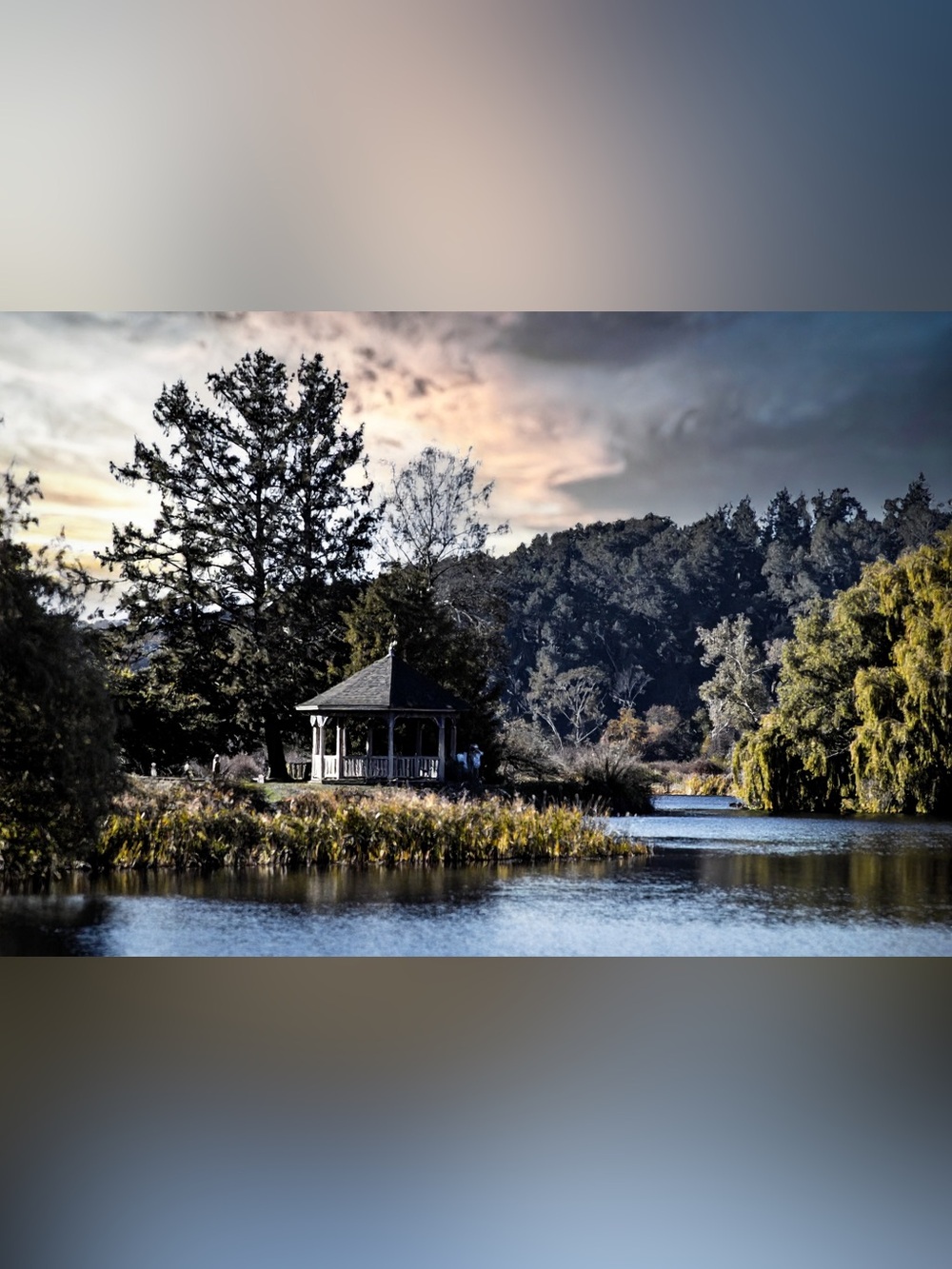 Tranquil Lakeside Gazebo Wall Art in Blue and Gray